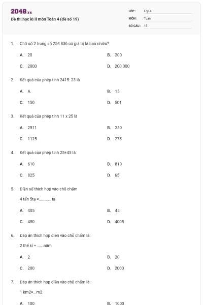 Đề thi học kì II môn Toán 4 (đề số 19)