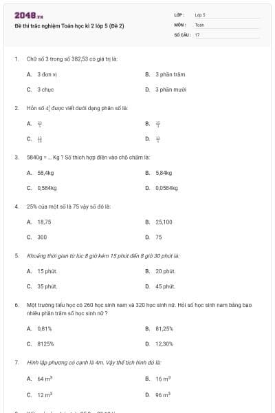 Đề thi trắc nghiệm Toán học kì 2 lớp 5 (Đề 2)