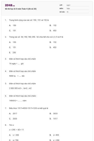 Đề thi học kì II môn Toán 4 (đề số 20)
