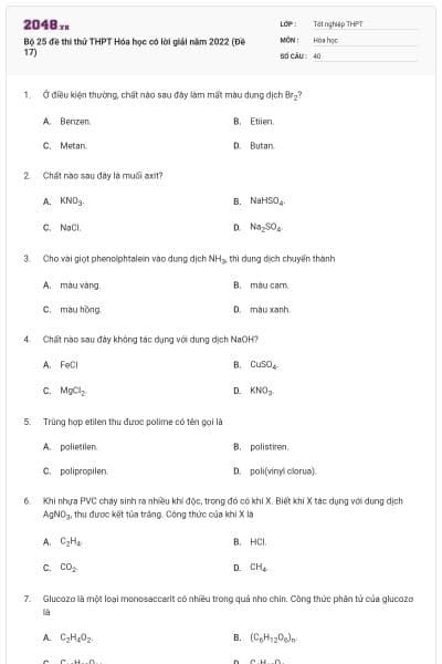 Bộ 25 đề thi thử THPT Hóa học có lời giải năm 2022 (Đề 17)