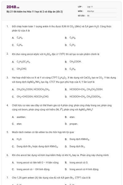 Bộ 21 Đề kiểm tra Hóa 11 học kì 2 có đáp án (đề 2)