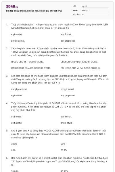 Bài tập Thủy phân Este cực hay, có lời giải chi tiết (P2)