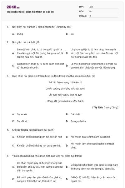 Trắc nghiệm Nói giảm nói tránh có đáp án