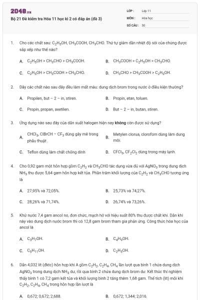 Bộ 21 Đề kiểm tra Hóa 11 học kì 2 có đáp án (đề 3)