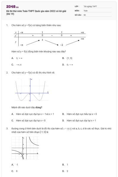 Đề thi thử môn Toán THPT Quốc gia năm 2022 có lời giải (Đề 19)