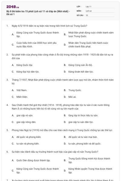Bộ 8 Đề kiểm tra 15 phút Lịch sử 11 có đáp án (Mới nhất) - Đề số 1