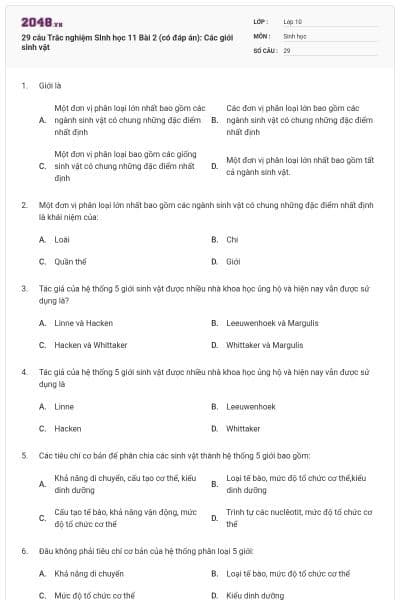 29 câu Trắc nghiệm SInh học 11 Bài 2 (có đáp án): Các giới sinh vật