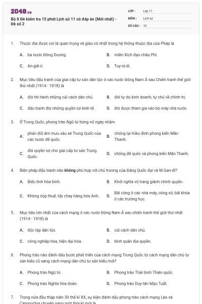 Bộ 8 Đề kiểm tra 15 phút Lịch sử 11 có đáp án (Mới nhất) - Đề số 2