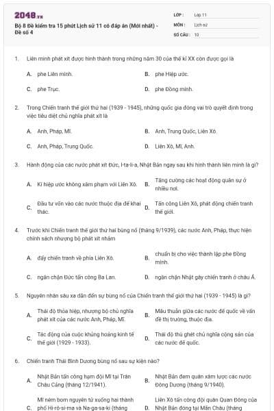 Bộ 8 Đề kiểm tra 15 phút Lịch sử 11 có đáp án (Mới nhất) - Đề số 4
