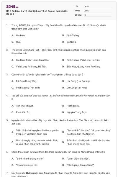 Bộ 8 Đề kiểm tra 15 phút Lịch sử 11 có đáp án (Mới nhất) - Đề số 5