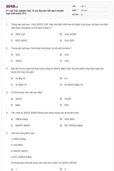 51 câu Trắc nghiệm Hóa 12 (có đáp án): Bài tập lí thuyết hợp chất nhôm (P1)