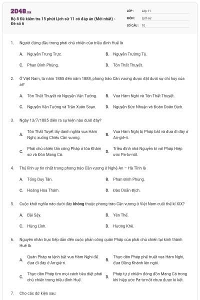 Bộ 8 Đề kiểm tra 15 phút Lịch sử 11 có đáp án (Mới nhất) - Đề số 6