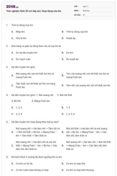 Trắc nghiệm Sinh 20 (có đáp án): Hoạt động của tim