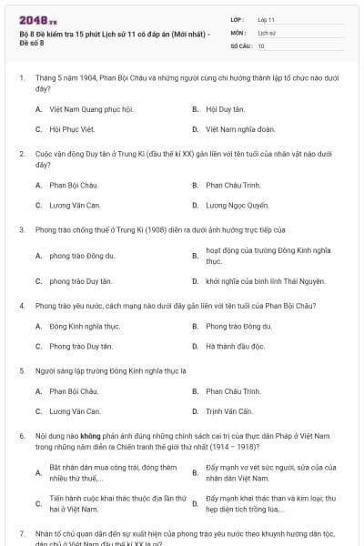 Bộ 8 Đề kiểm tra 15 phút Lịch sử 11 có đáp án (Mới nhất) - Đề số 8