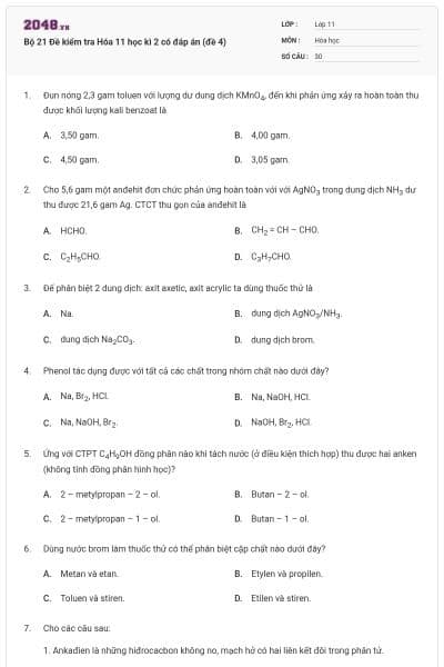 Bộ 21 Đề kiểm tra Hóa 11 học kì 2 có đáp án (đề 4)