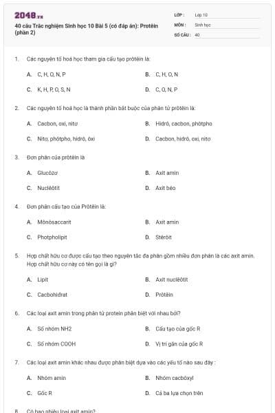 40 câu Trắc nghiệm Sinh học 10 Bài 5 (có đáp án): Protêin (phần 2)