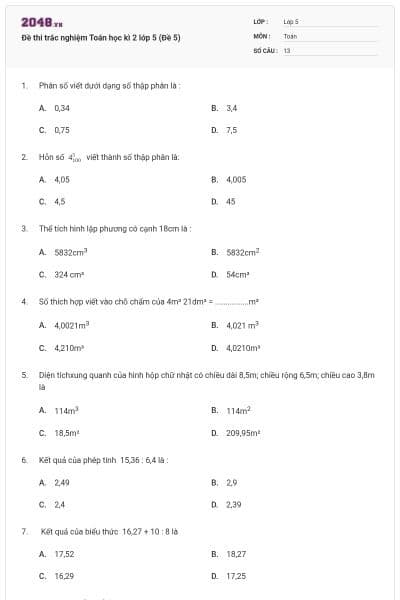 Đề thi trắc nghiệm Toán học kì 2 lớp 5 (Đề 5)