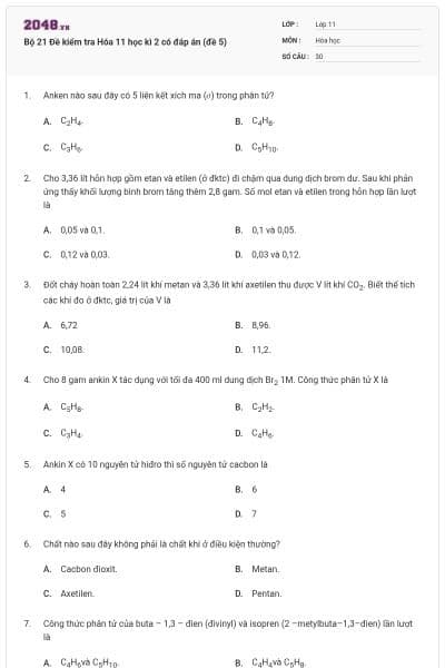 Bộ 21 Đề kiểm tra Hóa 11 học kì 2 có đáp án (đề 5)