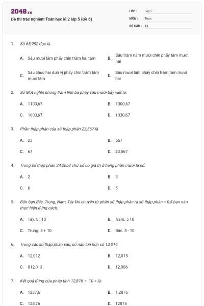 Đề thi trắc nghiệm Toán học kì 2 lớp 5 (Đề 6)
