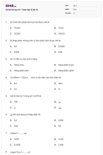 25 Đề thi học kì 1 Toán lớp 5( Đề 4)