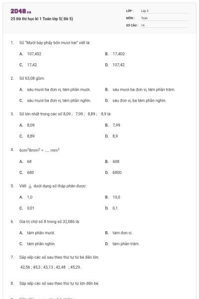 25 Đề thi học kì 1 Toán lớp 5( Đề 5)