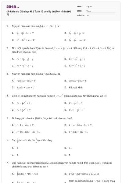 Đề kiểm tra Giữa học kì 2 Toán 12 có đáp án (Mới nhất) (Đề 1)