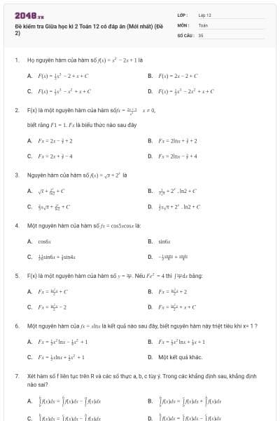Đề kiểm tra Giữa học kì 2 Toán 12 có đáp án (Mới nhất) (Đề 2)