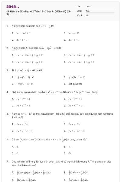 Đề kiểm tra Giữa học kì 2 Toán 12 có đáp án (Mới nhất) (Đề 3)