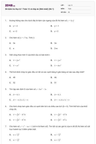 Đề kiểm tra Học kì 1 Toán 12 có đáp án (Mới nhất) (Đề 1)