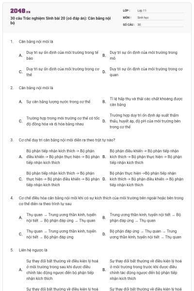 30 câu Trắc nghiệm Sinh bài 20 (có đáp án): Cân bằng nội bộ