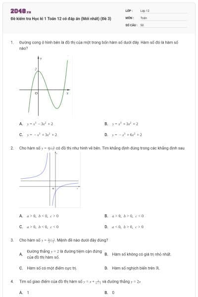 Đề kiểm tra Học kì 1 Toán 12 có đáp án (Mới nhất) (Đề 3)