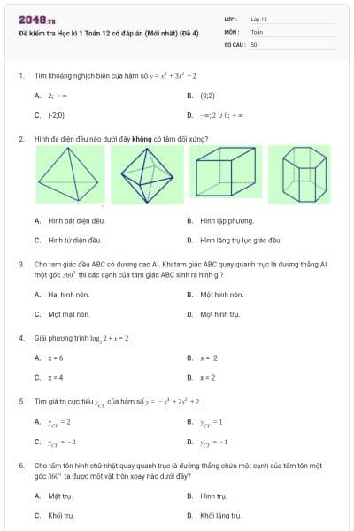 Đề kiểm tra Học kì 1 Toán 12 có đáp án (Mới nhất) (Đề 4)