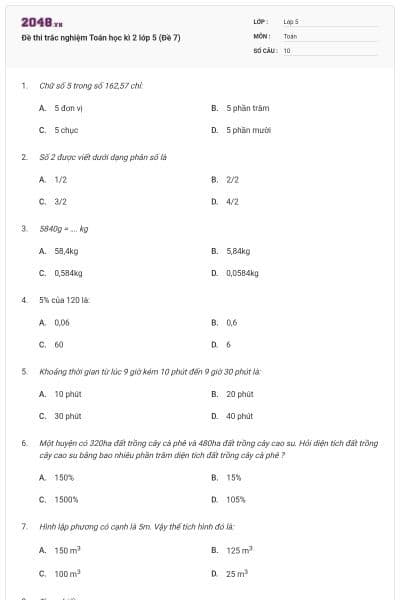 Đề thi trắc nghiệm Toán học kì 2 lớp 5 (Đề 7)