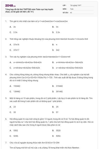 Tổng hợp đề thi thử THPTQG môn Toán cực hay tuyển chọn, có lời giải chi tiết ( đề 14 )