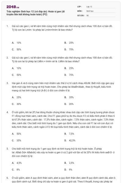 Trắc nghiệm Sinh học 12 (có đáp án): Hoán vị gen (di truyền liên kết không hoàn toàn) (P2)