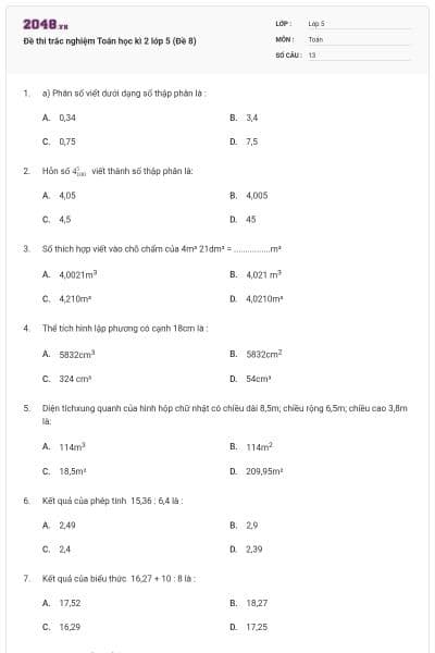 Đề thi trắc nghiệm Toán học kì 2 lớp 5 (Đề 8)