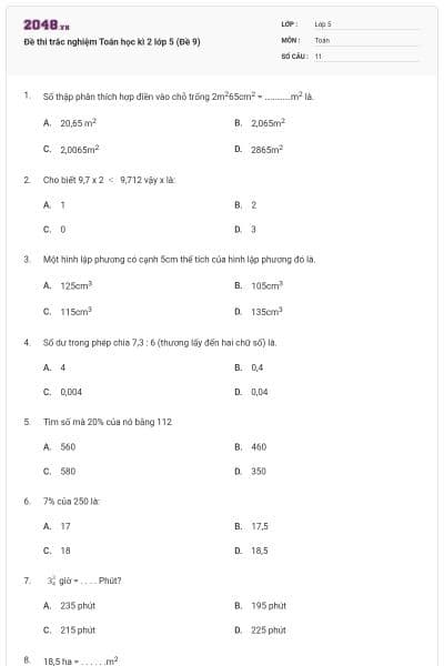 Đề thi trắc nghiệm Toán học kì 2 lớp 5 (Đề 9)