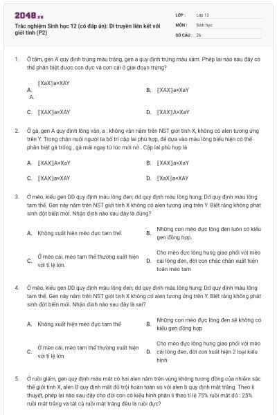 Trắc nghiệm Sinh học 12 (có đáp án): Di truyền liên kết với giới tính (P2)