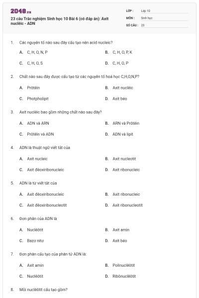23 câu Trắc nghiệm Sinh học 10 Bài 6 (có đáp án): Axit nuclêic - ADN