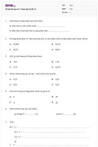 25 Đề thi học kì 1 Toán lớp 5( Đề 7)