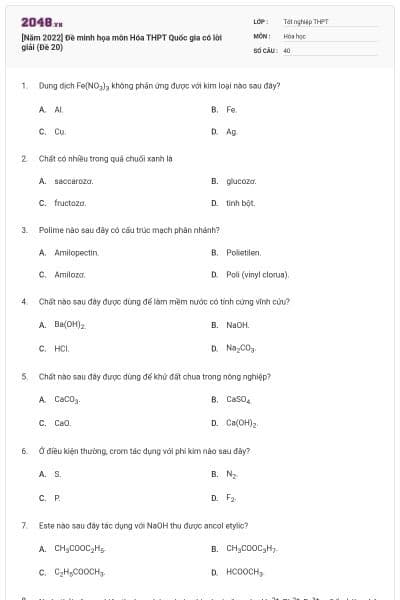 [Năm 2022] Đề minh họa môn Hóa THPT Quốc gia có lời giải (Đề 20)