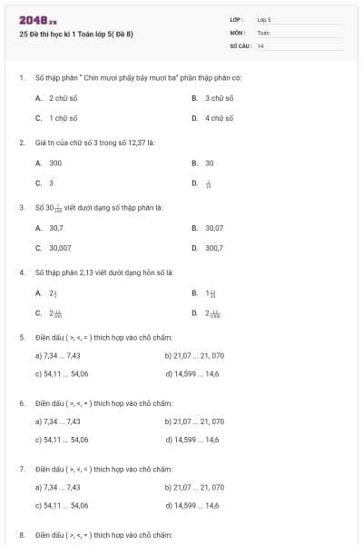 25 Đề thi học kì 1 Toán lớp 5( Đề 8)
