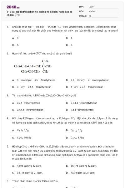 310 Bài tập Hidrocacbon no, không no cơ bản, nâng cao có lời giải (P4)