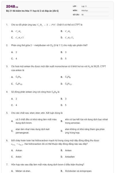 Bộ 21 Đề kiểm tra Hóa 11 học kì 2 có đáp án (đề 6)