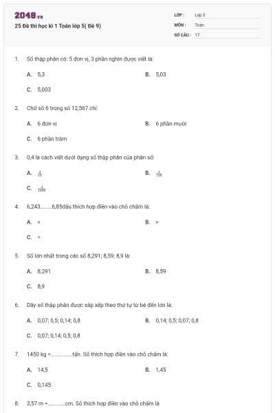 25 Đề thi học kì 1 Toán lớp 5( Đề 9)