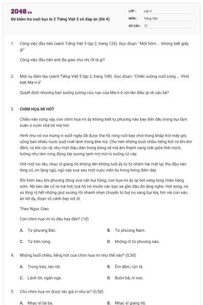 Đề kiểm tra cuối học kì 2 Tiếng Việt 5 có đáp án (Đề 4)