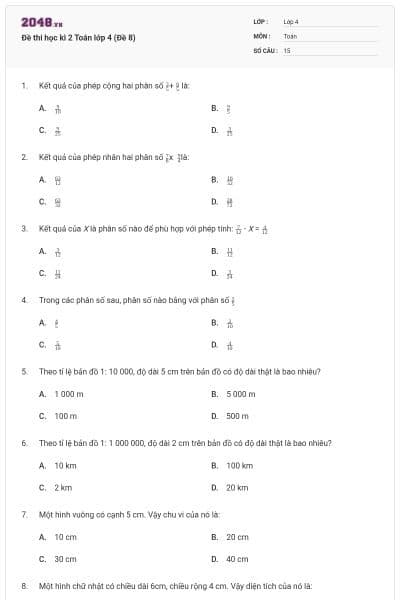 Đề thi học kì 2 Toán lớp 4 (Đề 8)