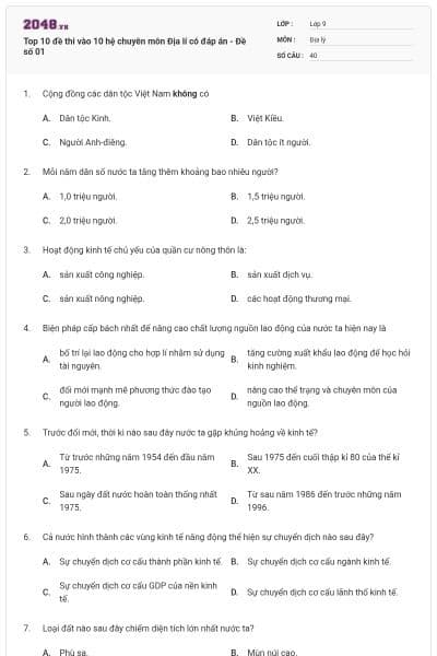 Top 10 đề thi vào 10 hệ chuyên môn Địa lí có đáp án - Đề số 01