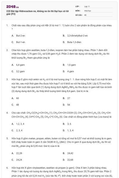 220 Bài tập Hidrocacbon no, không no ôn thi Đại học có lời giải (P3)