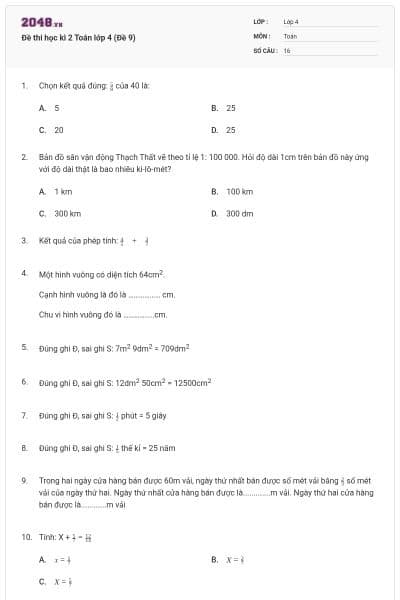 Đề thi học kì 2 Toán lớp 4 (Đề 9)